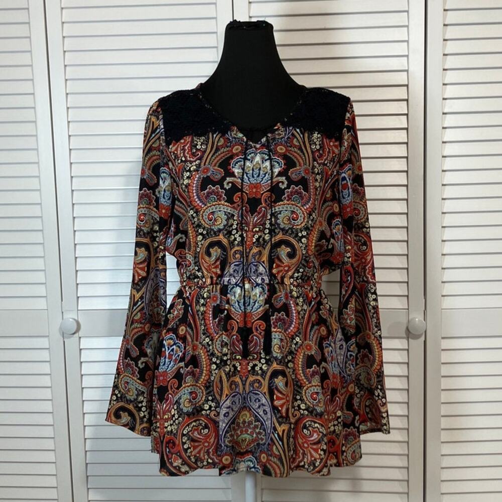 Wishful Park Boho Y2K Black Paisley Tassel Tie Flare Long Sleeves Tunic Blouse M